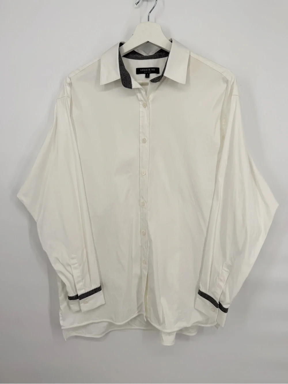 Lafayette 148 Jessie Crystal Monili Trim White‎ Poplin Shirt Tunic Top Size S